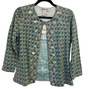 NWT Bloomingdale's Cardigan Medium Beaded Silk Wool Rabbit Blend Blue Teal Print
